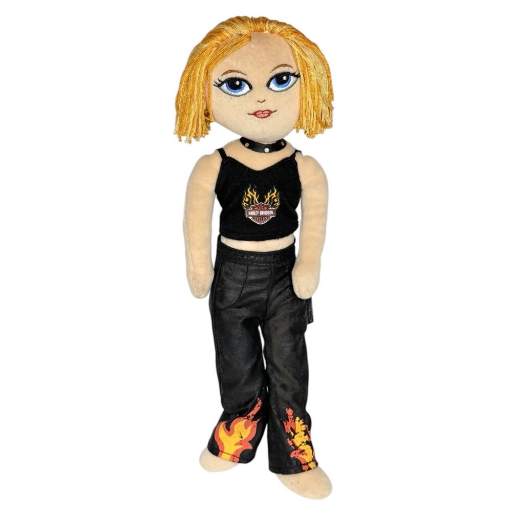 Harley Davidson Biker Babe Doll Plush 14” Embroidered Eyes Pants Top Choker Vtg